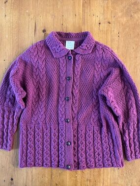 Emerald Design Irish Aran Wool Cable Knit Collared Cardigan in Dark Fuchsia